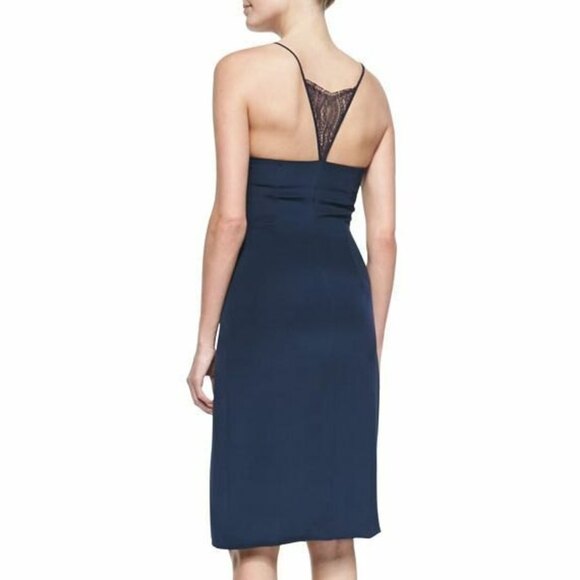 Tamara Mellon Lace-Insert Spaghetti Strap Navy Blue Silk Slip Mini Dress Size 2 - Picture 12 of 12